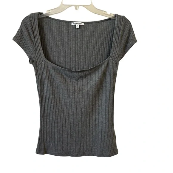 Reformation Ribbed Square Neckline Short Sleeve Gray Shirt Small - Picture 2 of 8
